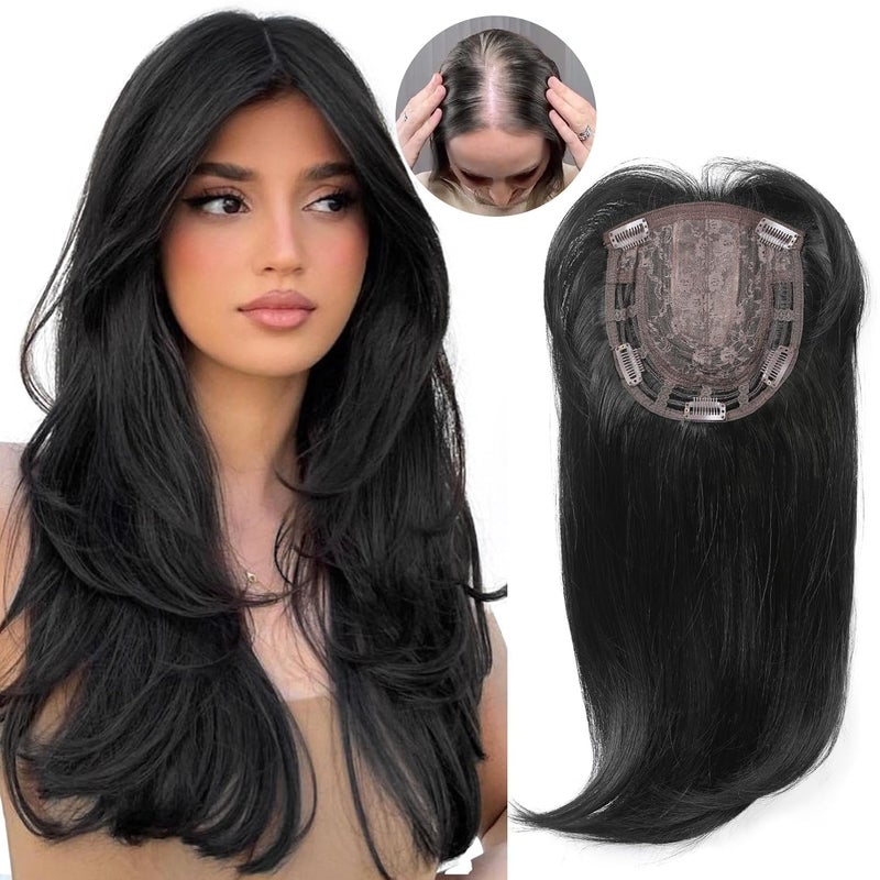 HOOJIH Hair Topper Long Layered Hair Topper with Bangs for Women with Thinning Hair 18 Inch Slightly Curled Ends Wiglets Synthetic Fiber Hair Pieces for Women  Black