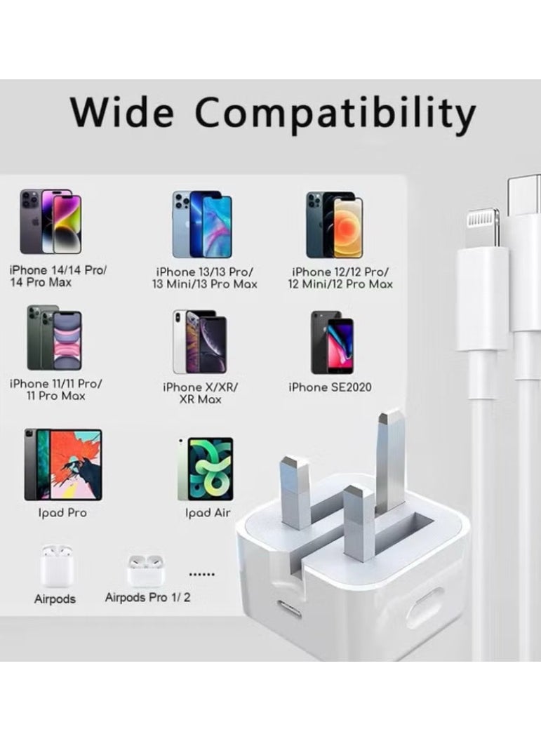 Generic iPhone 20W PD Quick Charger, Type-C Electric Block Wall Charger Plug Adapter, 1m USB-C Cable to Lightning for 14 13 12 11 Pro Mini XS XR X, iPad, AirPod, Apple MFi Certified, White  - Image 3