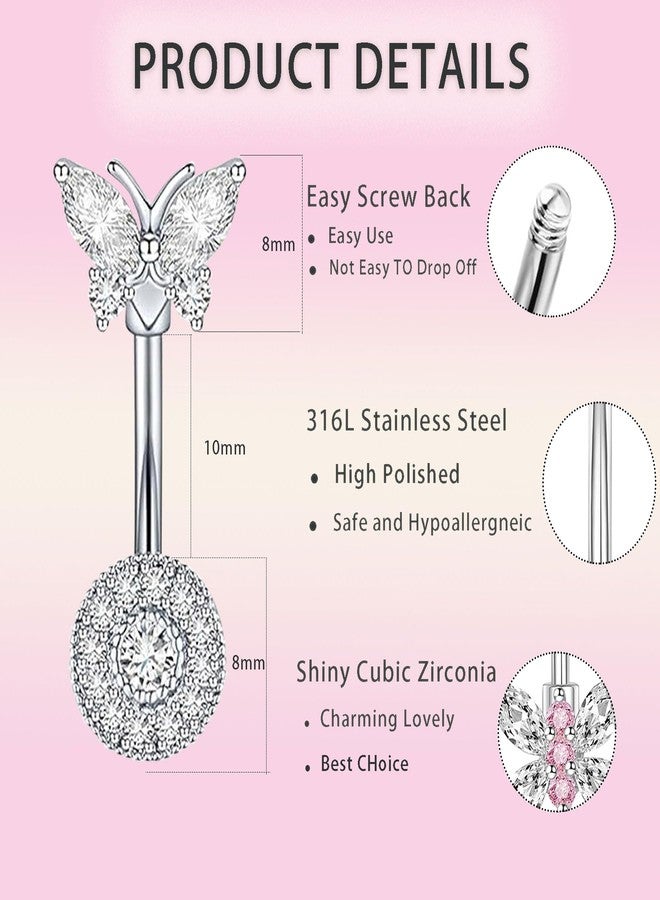 Suotarn 14G Belly Button Ring Surgical Stainless Steel Navel Piercing Jewelry Hypoallergenic Cute Butterfly Clicker Clip Hoop Pink Heart Belly Button Piercings Pack for Women Dainty Navel Ring - Image 2