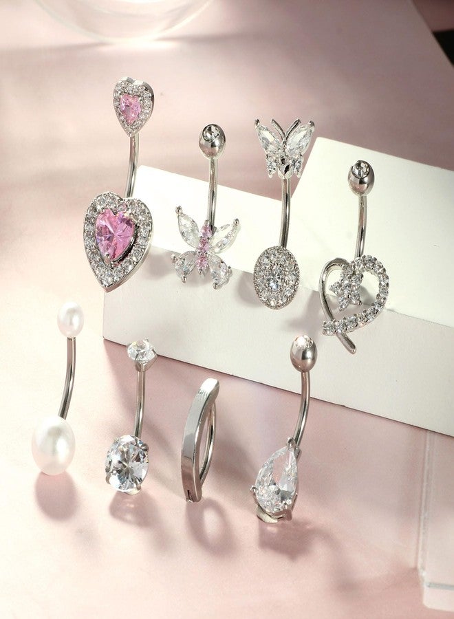 Suotarn 14G Belly Button Ring Surgical Stainless Steel Navel Piercing Jewelry Hypoallergenic Cute Butterfly Clicker Clip Hoop Pink Heart Belly Button Piercings Pack for Women Dainty Navel Ring - Image 5