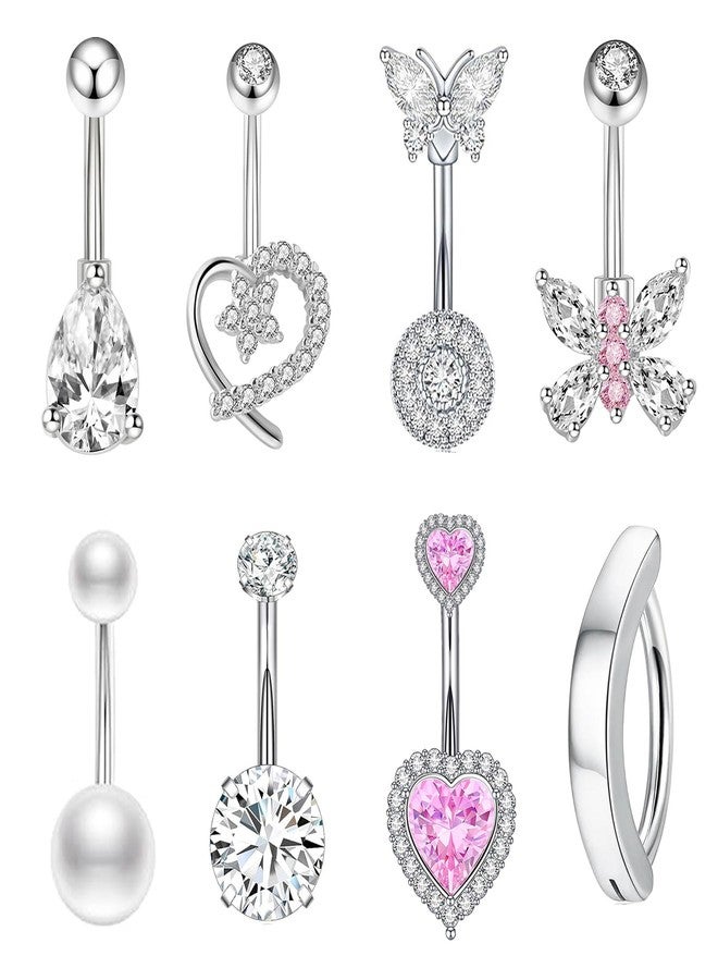 Suotarn 14G Belly Button Ring Surgical Stainless Steel Navel Piercing Jewelry Hypoallergenic Cute Butterfly Clicker Clip Hoop Pink Heart Belly Button Piercings Pack for Women Dainty Navel Ring - Image 1