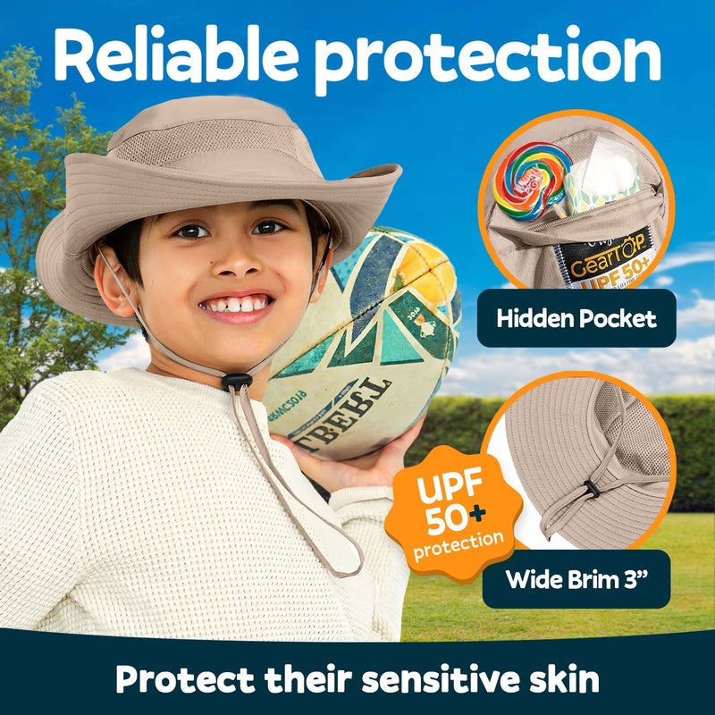 GearTOP Safari Hats for Kids UPF 50+ Kids Sun Hats Boys & Girls Bucket Hat, Khaki, Ages 5-13 - Image 2