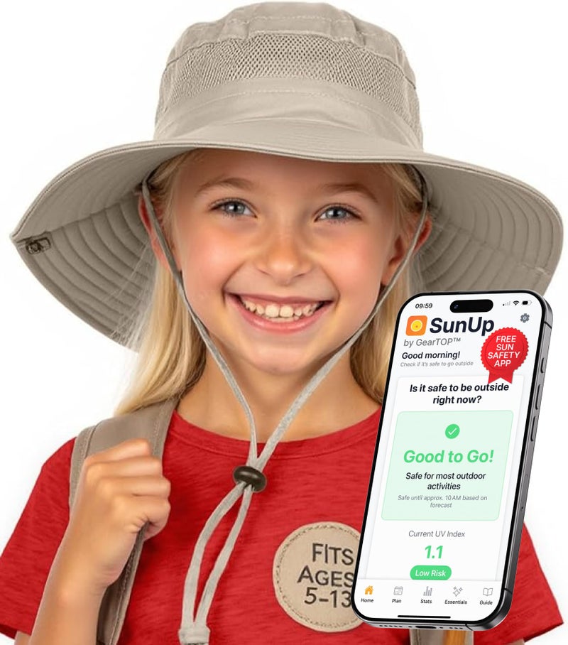 GearTOP Safari Hats for Kids UPF 50+ Kids Sun Hats Boys & Girls Bucket Hat, Khaki, Ages 5-13 - Image 1