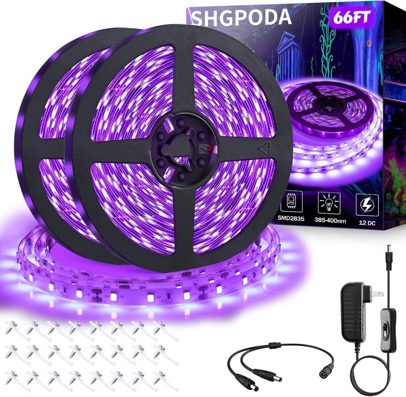 SHGPODA 66ft/20M LED Black Light Strip Kit, 1200 Units Lamp Beads, 385nm-400nm, 12V Flexible Blacklight Fixtures, 20M LED Ribbon, Non-Waterproof for Indoor, Birthday, Dark Party, Halloween, Christmas - Image 1