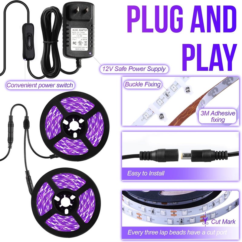 SHGPODA 66ft/20M LED Black Light Strip Kit, 1200 Units Lamp Beads, 385nm-400nm, 12V Flexible Blacklight Fixtures, 20M LED Ribbon, Non-Waterproof for Indoor, Birthday, Dark Party, Halloween, Christmas - Image 3