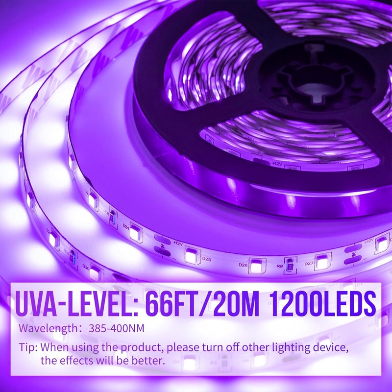 SHGPODA 66ft/20M LED Black Light Strip Kit, 1200 Units Lamp Beads, 385nm-400nm, 12V Flexible Blacklight Fixtures, 20M LED Ribbon, Non-Waterproof for Indoor, Birthday, Dark Party, Halloween, Christmas - Image 2