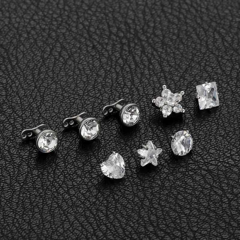Tornito Dermal Anchor Tops and Base 14G Stainless Steel Microdermal Piercings Jewelry Punk Internally Threaded Star Heart CZ Gem Tops Surface Skin Piercing Studs for Women Men Silver Tone 5mm 6mm 7mm - Image 5