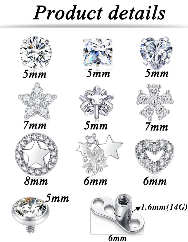Tornito Dermal Anchor Tops and Base 14G Stainless Steel Microdermal Piercings Jewelry Punk Internally Threaded Star Heart CZ Gem Tops Surface Skin Piercing Studs for Women Men Silver Tone 5mm 6mm 7mm - Image 2