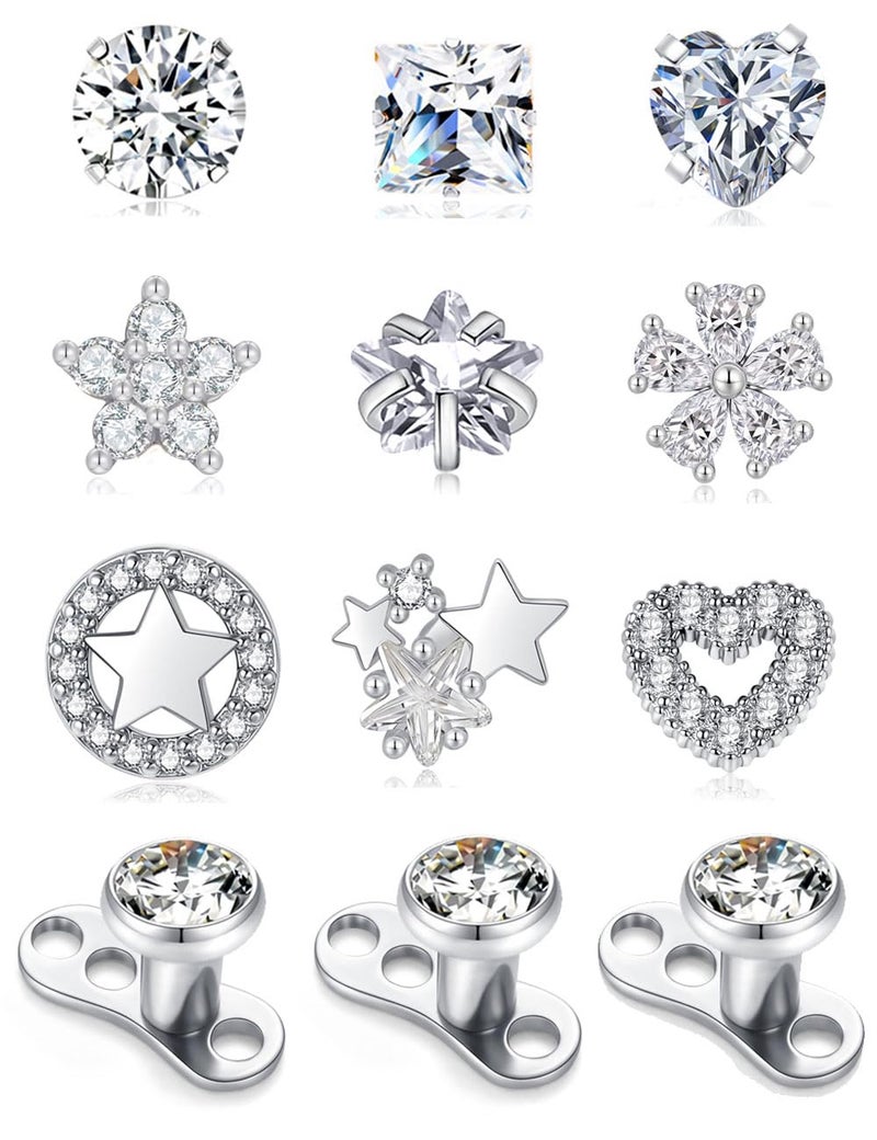 Tornito Dermal Anchor Tops and Base 14G Stainless Steel Microdermal Piercings Jewelry Punk Internally Threaded Star Heart CZ Gem Tops Surface Skin Piercing Studs for Women Men Silver Tone 5mm 6mm 7mm - Image 1