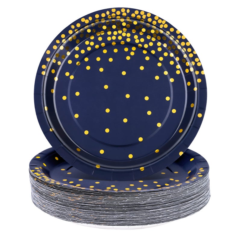 Aneco 60 Pieces 7 Inches Disposable Paper Plates Navy Blue Plate Blue and Gold Foil Dot Dessert Plate Round Paper Plates for Wedding Bridal Shower Birthday Party Decorations