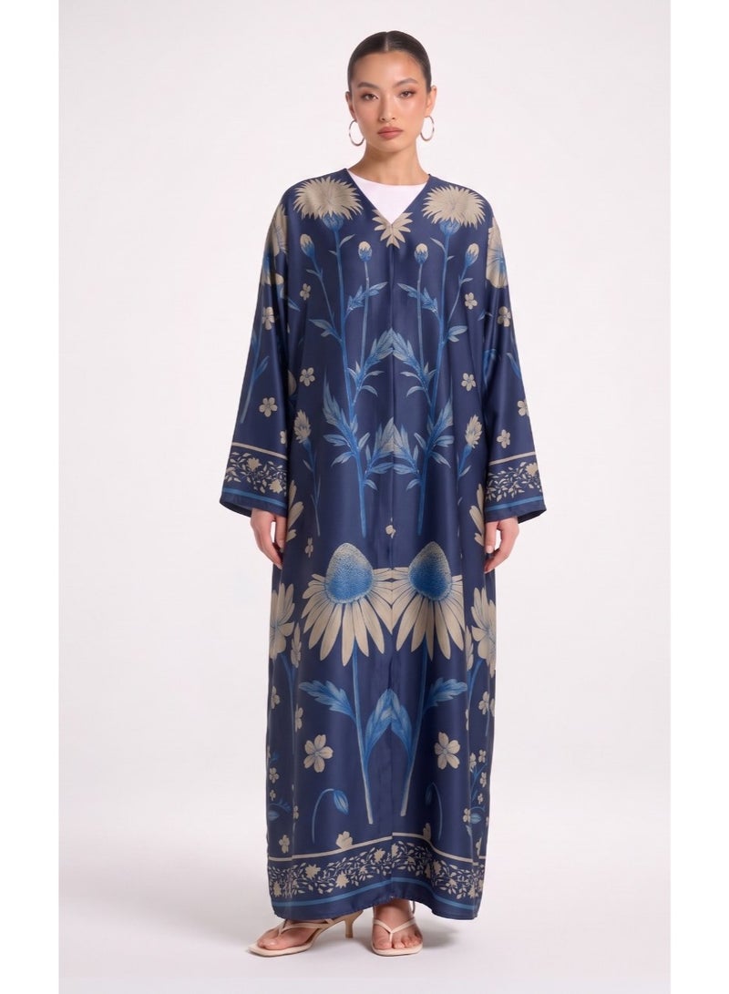Next Abaya Navy Blue Printed Silk Abaya - Image 1