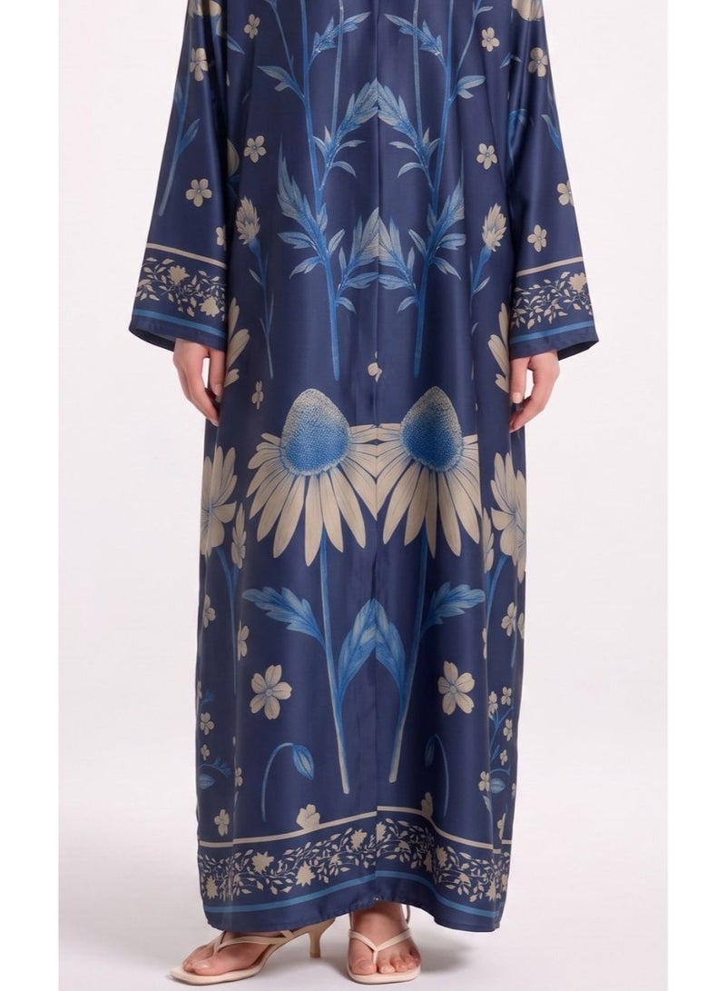 Next Abaya Navy Blue Printed Silk Abaya - Image 3