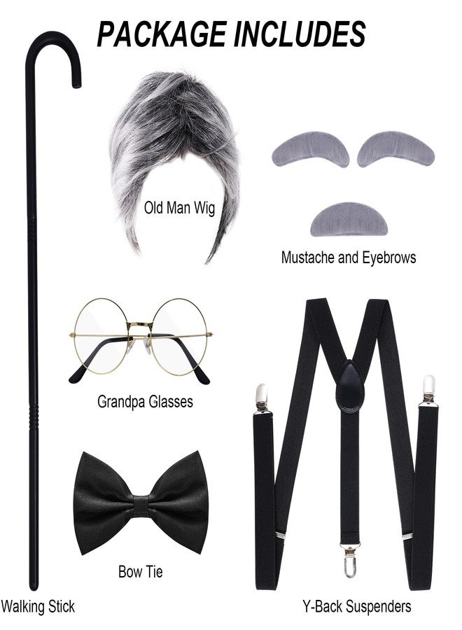 yeabwps 7Pcs Old Man Costume 100 Days of School Old Man Costume Grandpa Costume Old Man Wig Glasses Fake Mustache Eyebrows Cane Suspender Bow Tie 100th Day of School Dress Up Old Man Costume Cosplay - Image 3