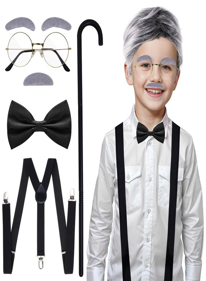 yeabwps 7Pcs Old Man Costume 100 Days of School Old Man Costume Grandpa Costume Old Man Wig Glasses Fake Mustache Eyebrows Cane Suspender Bow Tie 100th Day of School Dress Up Old Man Costume Cosplay - Image 1
