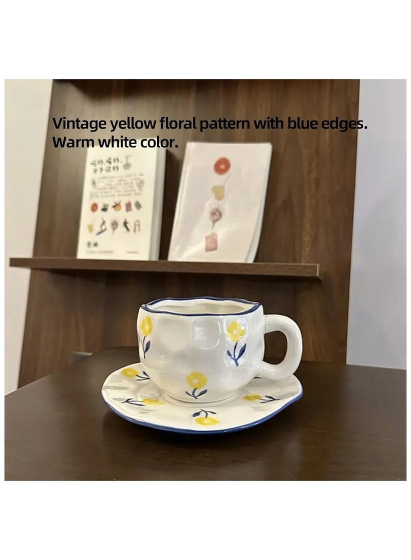 Qahwa Elegant coffee cup with saucer - ceramic decorated with blue and yellow flowers - Image 1