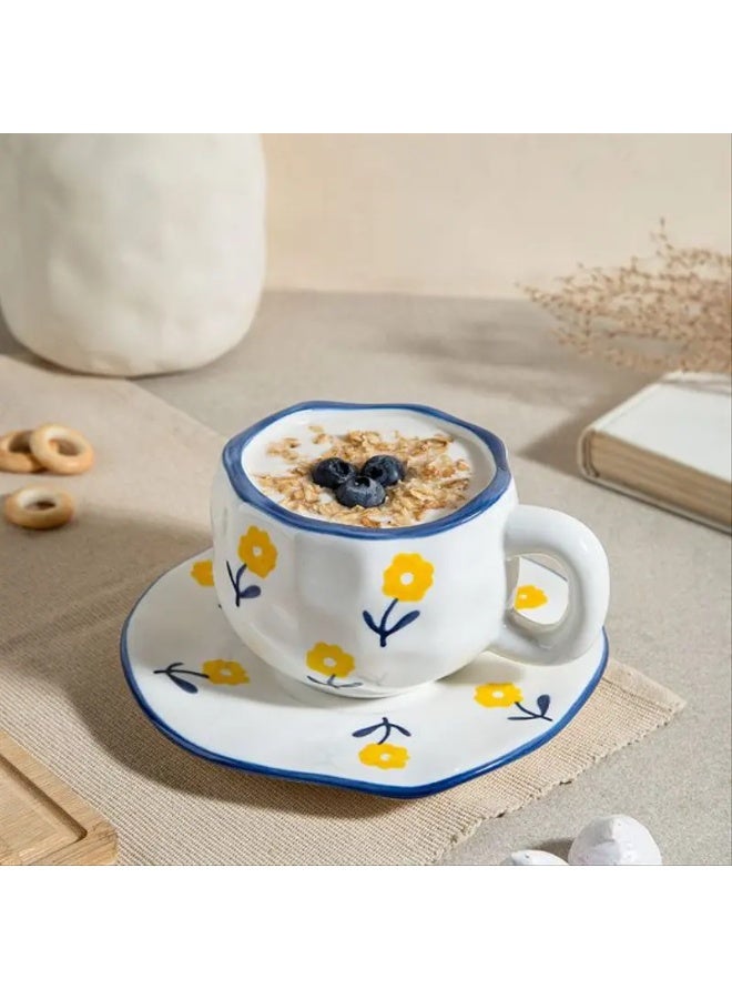 Qahwa Elegant coffee cup with saucer - ceramic decorated with blue and yellow flowers - Image 5