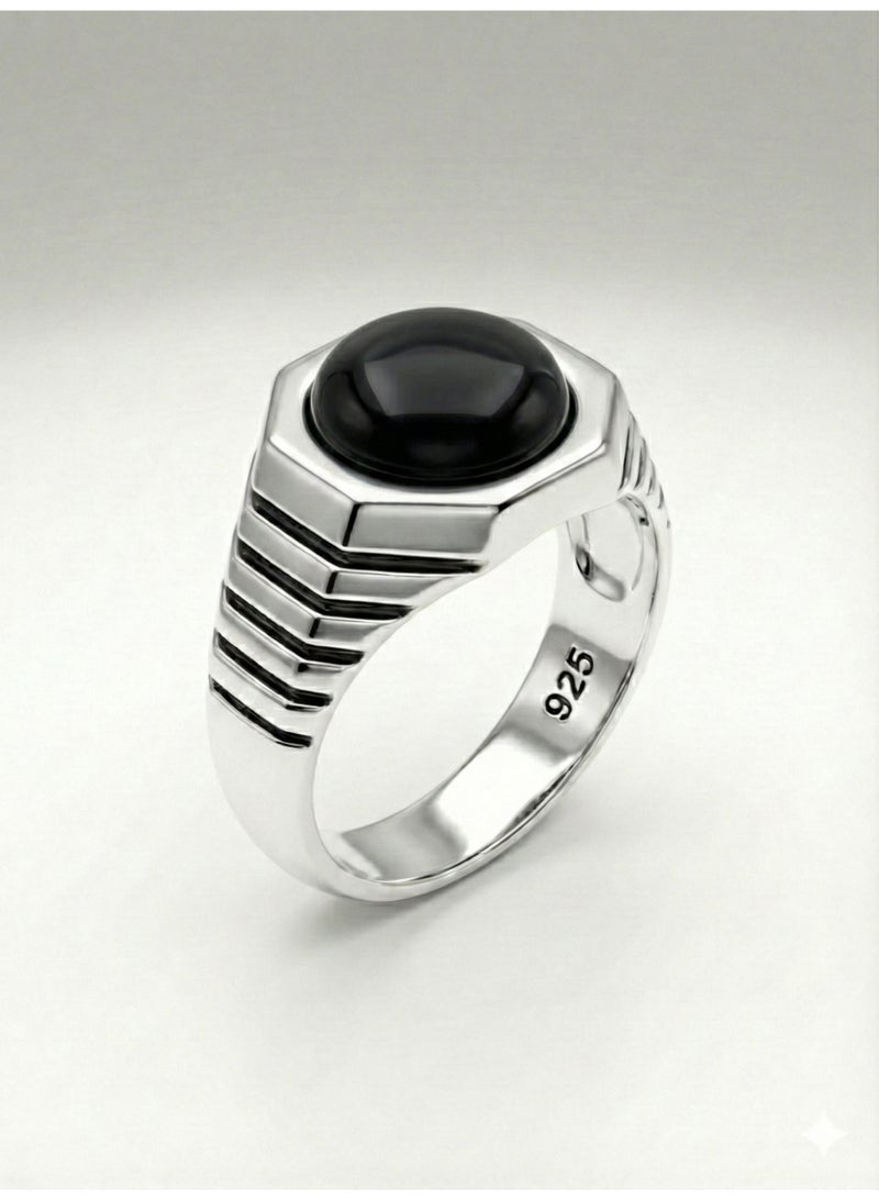 FINE SILVER 925 Sterling Silver Men's Modern Signet Ring with Round Black Onyx in Hexagonal Frame - Image 1