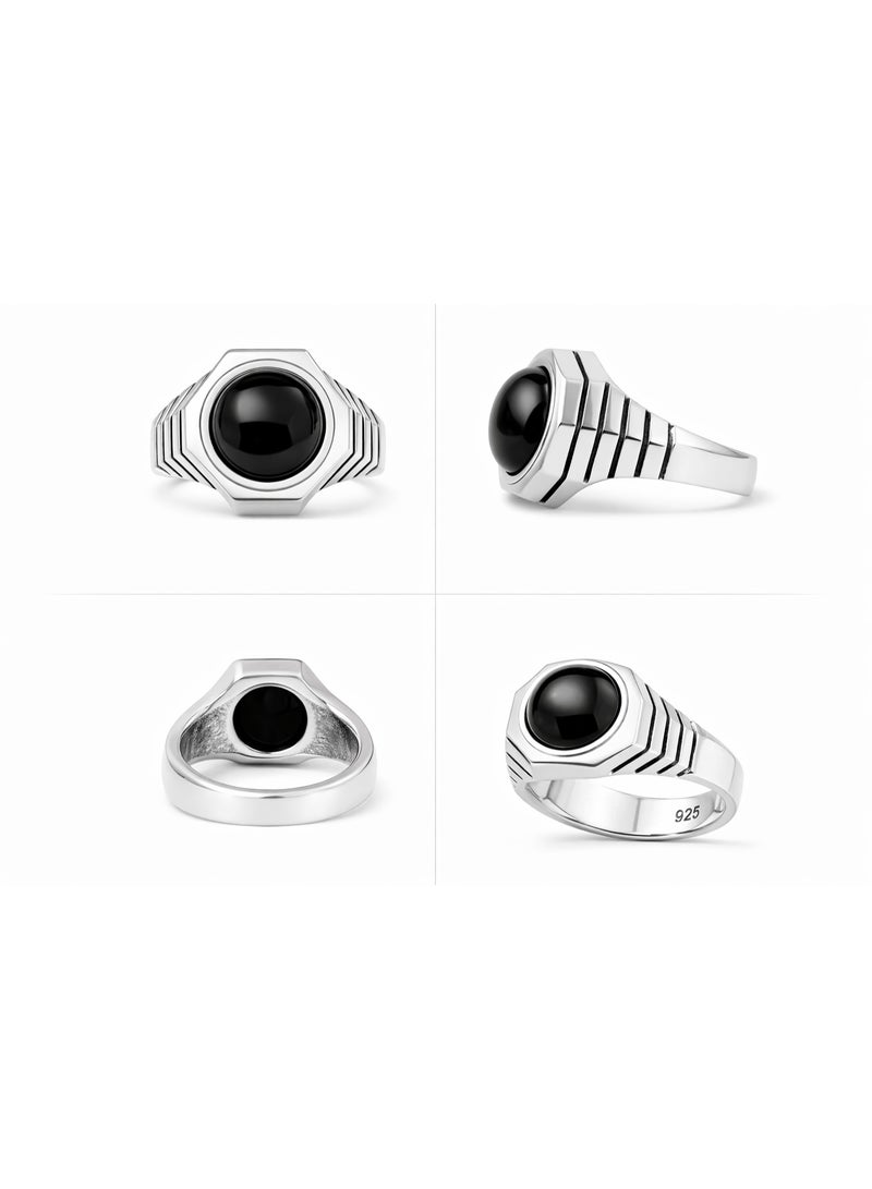 FINE SILVER 925 Sterling Silver Men's Modern Signet Ring with Round Black Onyx in Hexagonal Frame - Image 2