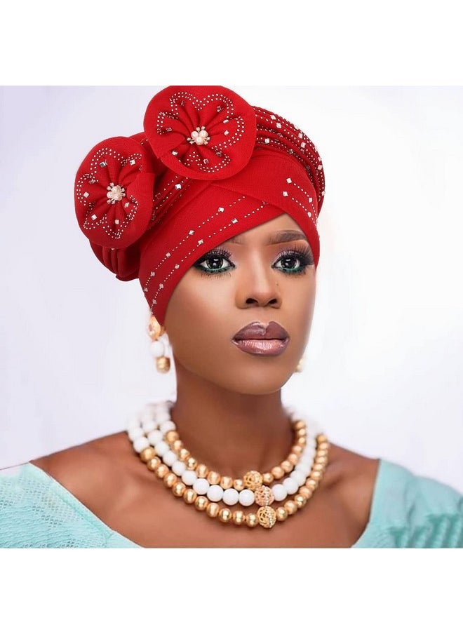Woeoe - Beanie Cap Head Wrap Red Rhinestones Head Scarf Twisted Flower Pearls Head Turban For Women Girls - Image 1