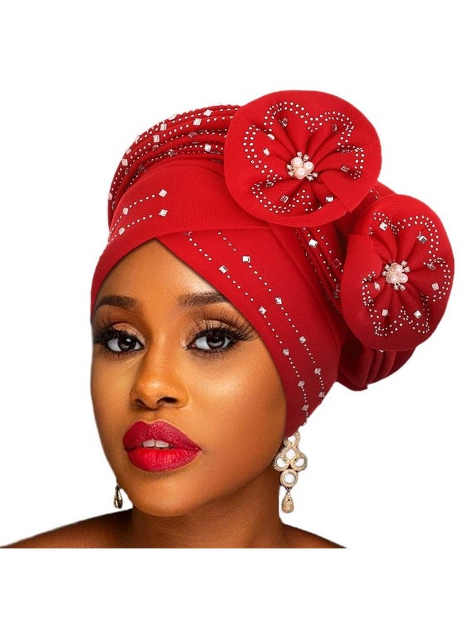 Woeoe - Beanie Cap Head Wrap Red Rhinestones Head Scarf Twisted Flower Pearls Head Turban For Women Girls - Image 1