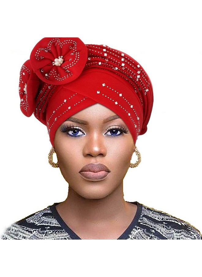 Woeoe - Beanie Cap Head Wrap Red Rhinestones Head Scarf Twisted Flower Pearls Head Turban For Women Girls - Image 1
