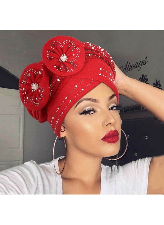 Woeoe - Beanie Cap Head Wrap Red Rhinestones Head Scarf Twisted Flower Pearls Head Turban For Women Girls - Image 1