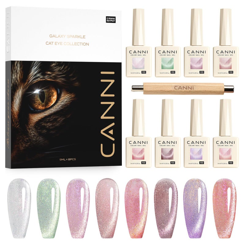 CANNI 8 Pcs 9 ML Cat Eye Gel Nail Polish Set, Pink Green Purple Silver Glitter Rainbow Holographic Cat Eye Gel Polish Kit with Magnet Shimmer Colors Nail Art Manicure Salon DIY Gifts - Image 1