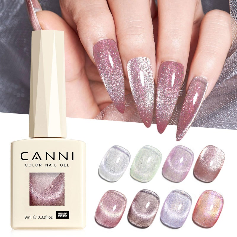 CANNI 8 Pcs 9 ML Cat Eye Gel Nail Polish Set, Pink Green Purple Silver Glitter Rainbow Holographic Cat Eye Gel Polish Kit with Magnet Shimmer Colors Nail Art Manicure Salon DIY Gifts - Image 2
