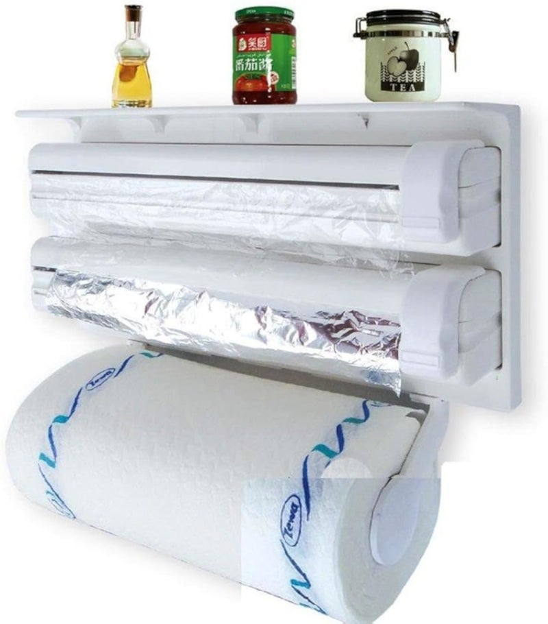 حامل مناشف ورقية جداري 4 في 1 من مصباح | موزع غلاف بلاستيكي ورقائق معدنية مع رف توابل | أبيض