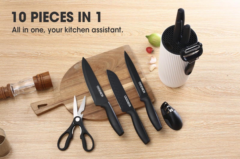 ODDIER Knife Set, 10 Piece Kitchen Knife Set with Block and Sharpener, Anti-Rust Stainless Steel Knives Set for Kitchen, Chef Universal Knife Block Set, Dishwasher Safe, Ergonomical Design, White - Image 4