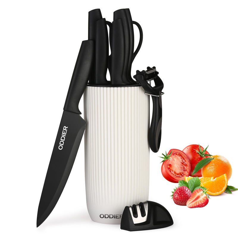 ODDIER Knife Set, 10 Piece Kitchen Knife Set with Block and Sharpener, Anti-Rust Stainless Steel Knives Set for Kitchen, Chef Universal Knife Block Set, Dishwasher Safe, Ergonomical Design, White - Image 1