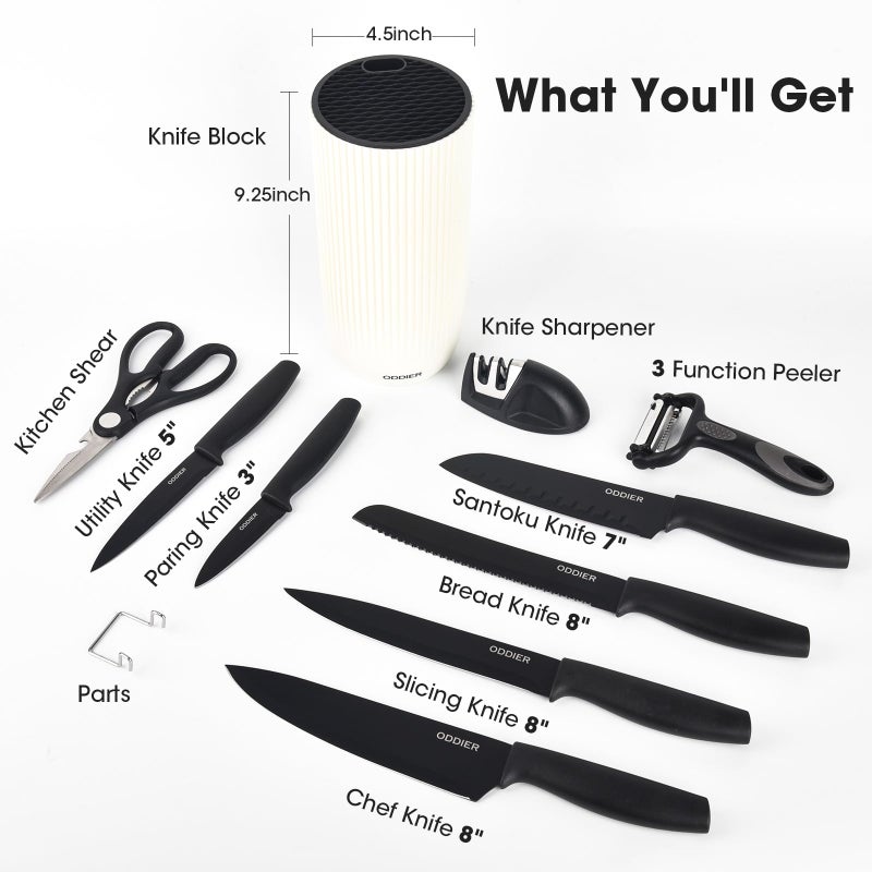ODDIER Knife Set, 10 Piece Kitchen Knife Set with Block and Sharpener, Anti-Rust Stainless Steel Knives Set for Kitchen, Chef Universal Knife Block Set, Dishwasher Safe, Ergonomical Design, White - Image 2