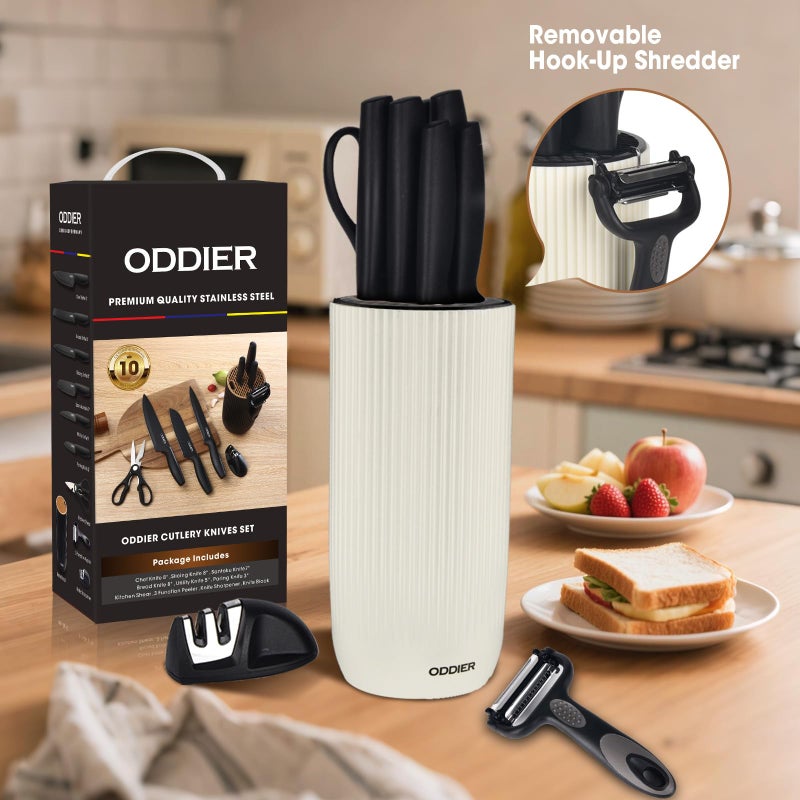 ODDIER Knife Set, 10 Piece Kitchen Knife Set with Block and Sharpener, Anti-Rust Stainless Steel Knives Set for Kitchen, Chef Universal Knife Block Set, Dishwasher Safe, Ergonomical Design, White - Image 3