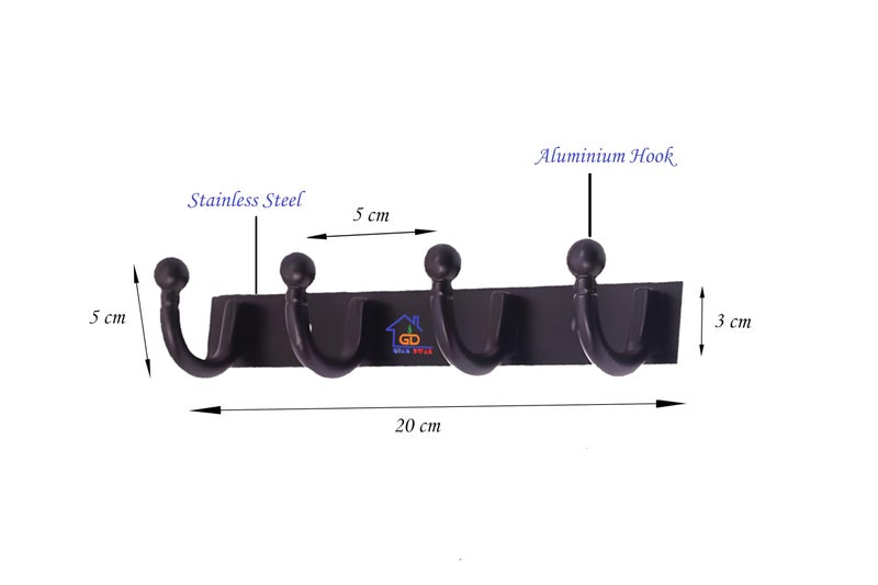 GHAR DWAR Heavy Duty Goli Stainless Steel Cloth Hanger Suitable for Bathroom Bedroom Kitchen Wall Hook Rail Hanging Scarf, Coat,Keys Tie Clothes Towel Door Robe Hanging (Pack of 2, Black 4 Hook) - Image 3