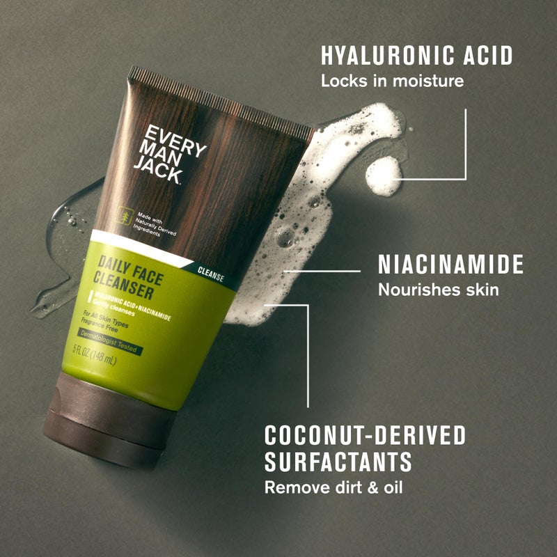 Every Man Jack Hydrating Face Wash for Men with Hyaluronic Acid & Niacinamide â€“ Gently Removes Dirt and Oil, Revives Dry, Dull Skin â€“ 5 fl oz (2 Pack) - Image 2