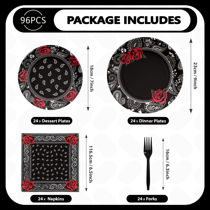 Grencian 96PCS Black Bandana Western Party Decorations Cholo Gangsta Party Plates Disposable Black Bandana Tableware Set for Early 2000s Cholo Theme Western Birthday Party Supplies, Serves 24 - Image 3