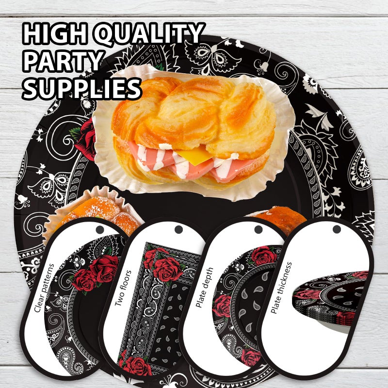 Grencian 96PCS Black Bandana Western Party Decorations Cholo Gangsta Party Plates Disposable Black Bandana Tableware Set for Early 2000s Cholo Theme Western Birthday Party Supplies, Serves 24 - Image 4