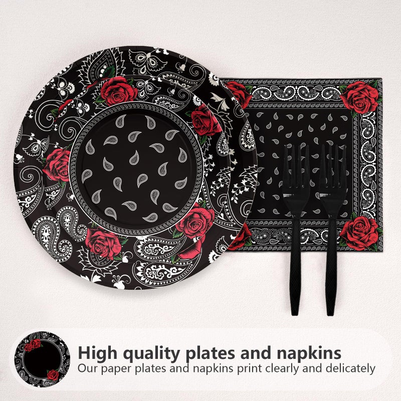 Grencian 96PCS Black Bandana Western Party Decorations Cholo Gangsta Party Plates Disposable Black Bandana Tableware Set for Early 2000s Cholo Theme Western Birthday Party Supplies, Serves 24 - Image 2
