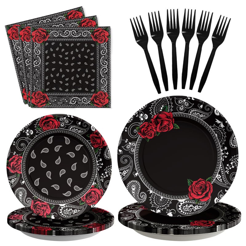 Grencian 96PCS Black Bandana Western Party Decorations Cholo Gangsta Party Plates Disposable Black Bandana Tableware Set for Early 2000s Cholo Theme Western Birthday Party Supplies, Serves 24 - Image 1