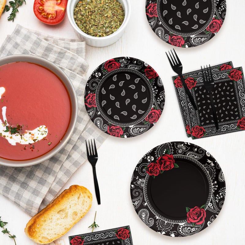 Grencian 96PCS Black Bandana Western Party Decorations Cholo Gangsta Party Plates Disposable Black Bandana Tableware Set for Early 2000s Cholo Theme Western Birthday Party Supplies, Serves 24 - Image 5