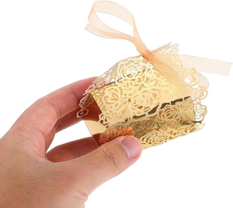 SOPOTUTU 50pcs Rose Hollow out Favor Boxes with Ribbon Vintage Wedding Candy Boxes Party Favors Paper Chocolate for Bridal Shower and Wedding Celebration - Image 3