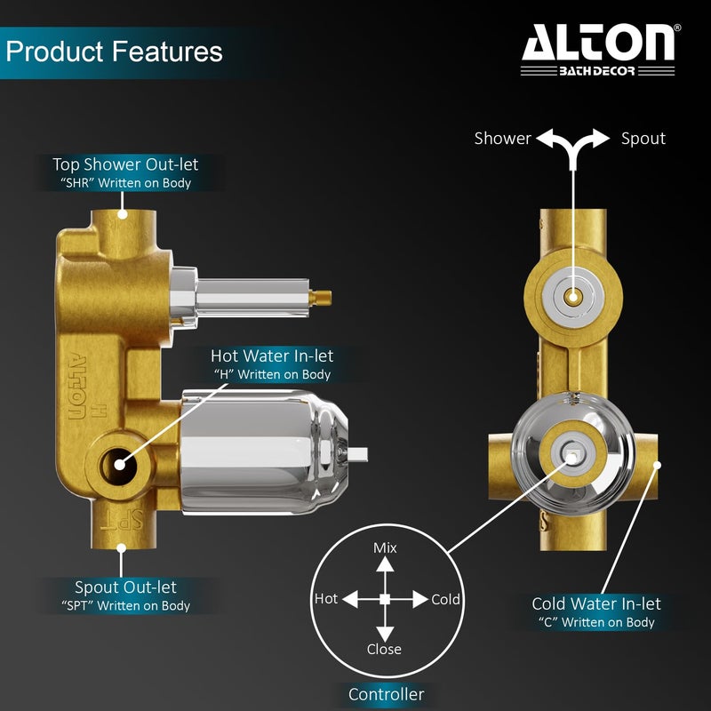 ALTON QDRL5960 Brass Concealed Body High Flow Diverter Full set With 5Function Overhead Shower and Bath Tub Spout Bathroom Shower System Silver - Image 3