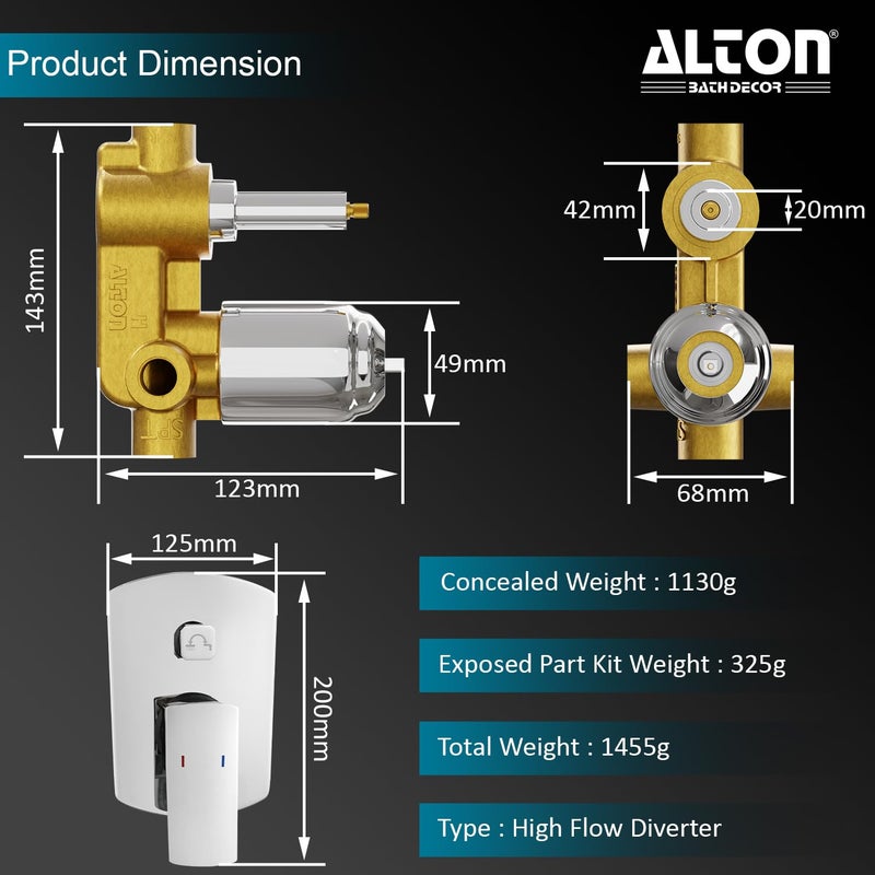 ALTON QDRL5960 Brass Concealed Body High Flow Diverter Full set With 5Function Overhead Shower and Bath Tub Spout Bathroom Shower System Silver - Image 2