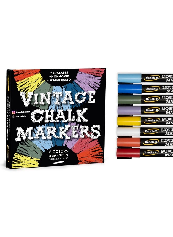 Bandle B. Chalk Markers - 8 Vintage, Erasable, Non-Toxic, Water-Based, Reversible Tips, For Kids & Adults For Glass Or Chalkboard Markers For Businesses, Restaurants, (Vintage/Pastel 6Mm)  - Image 1