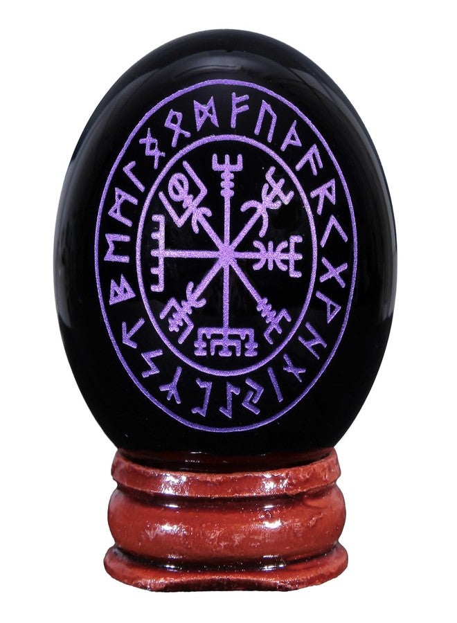 Rockcloud Healing Crystal Purple Runes Black Obsidian Stone Sphere Meditation Ball with Wooden Base for Home Decoration - Image 1