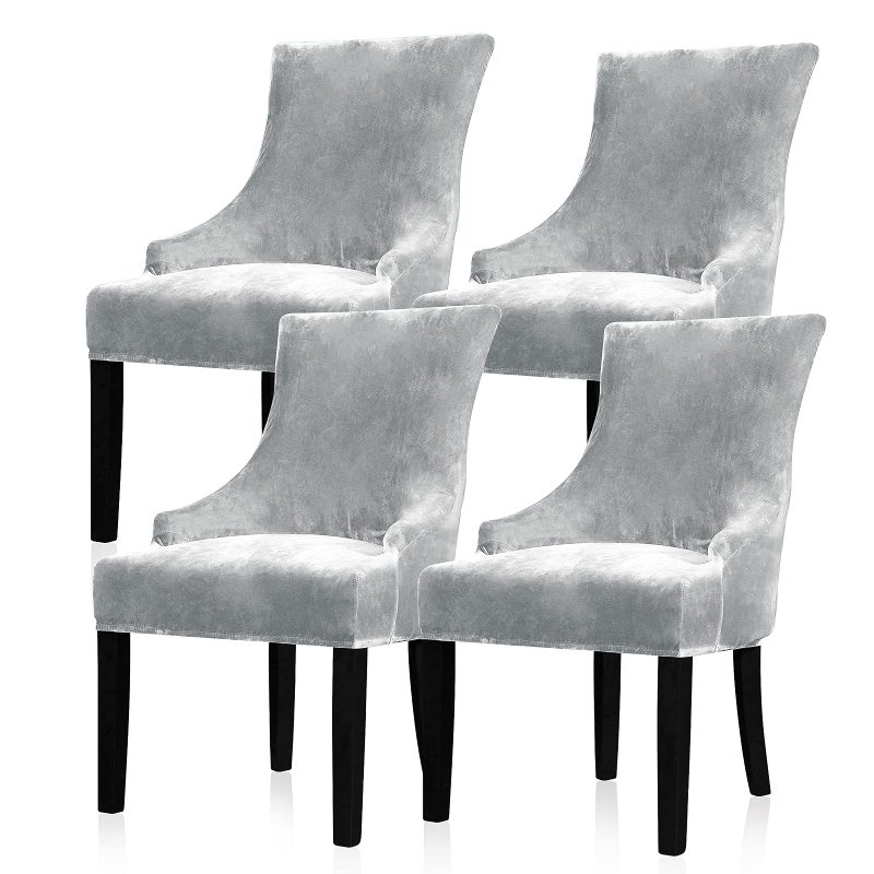 Lellen Velvet Stretch Wingback Chair Cover Slipcover  Reusable Protector Cover for Dining Room Banquet Home Decor etc Machine Washable Hand Washable Silver Grey 4PC