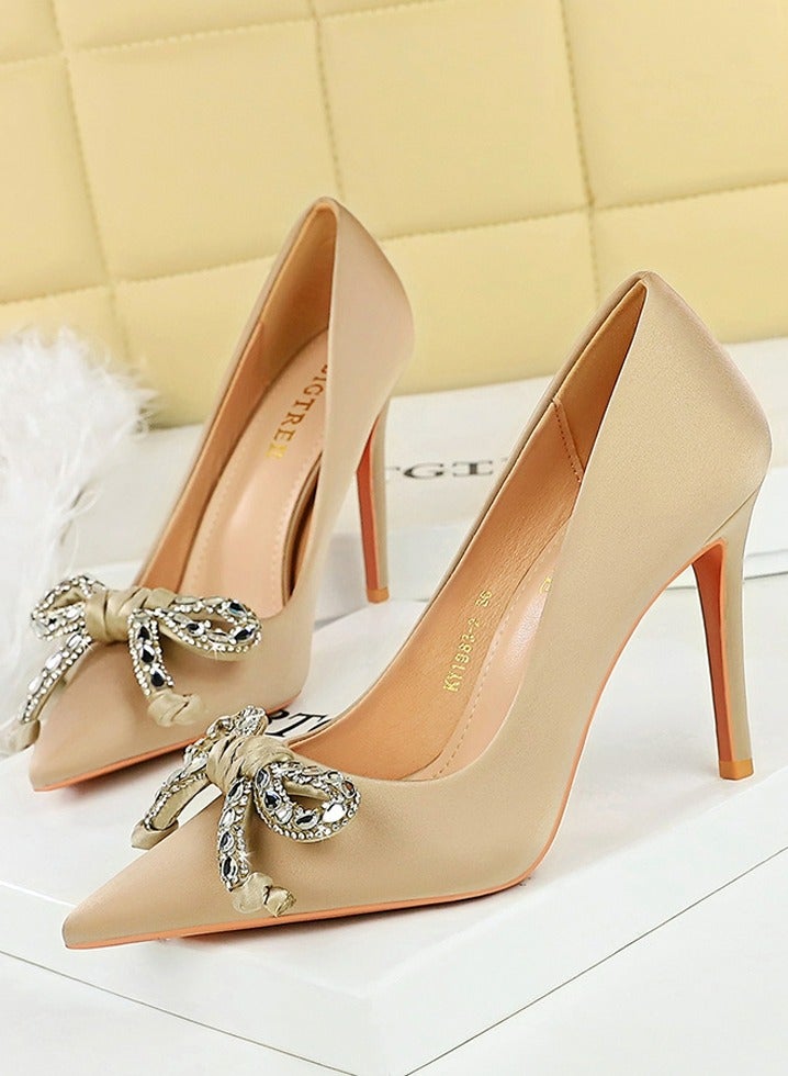 بيج تري المرأة أنيقة الساتين أشار إصبع القدم مغلق الكعب العالي 10CM الشمبانيا