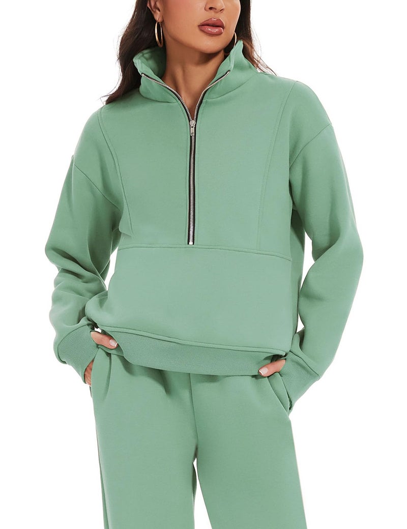 Eisctnd Womens Fleece 2 Piece Sweatsuit Lounge Set Long Sleeve Sweatshirt Jogger Pants Tracksuit Sweatsuit 2024 Fall Sets(Green-L) - Image 2
