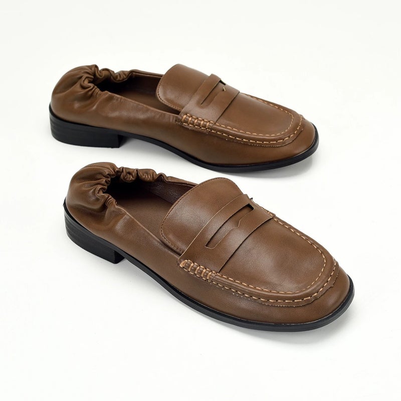 Women's Brown PU Leather Loafers Square Toe Block Heel - Image 4