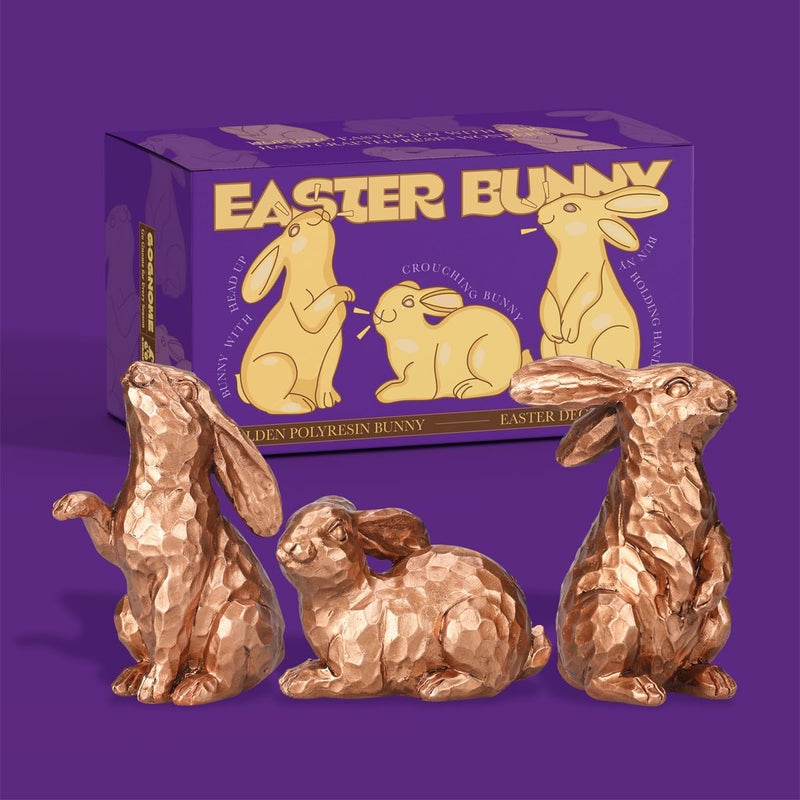 GoGnome Set of 3 Rosy Bronze Easter Decorations Resin Bunny Figurines â€“ Easter Decorations for Home, Elegant Rabbit Decor for Table, Shelf, Mantel (Gold) - Image 3